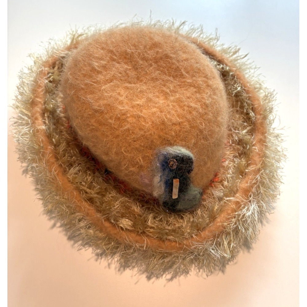 Whimsical Felted Wool Art Hat Fuzzy Cloche Embellished Brim & Sculptural Detail
